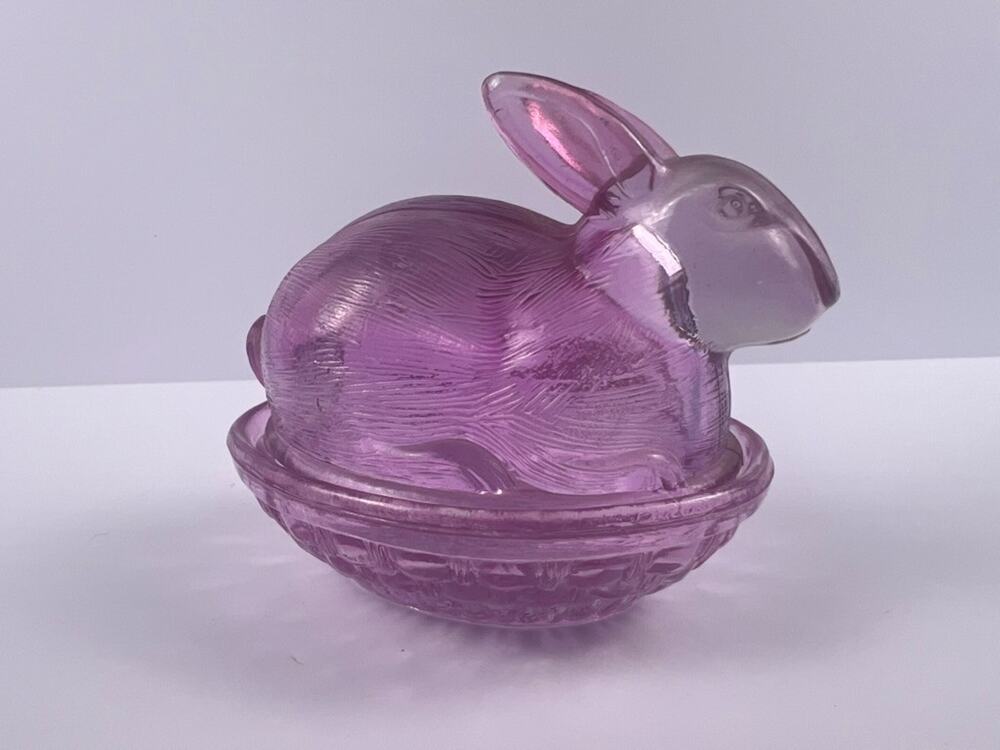 Vintage Pink Glass Bunny on Basket Nest Covered Candy Dish Rabbit